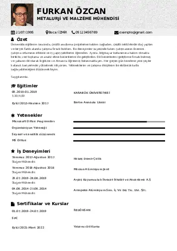 Metalürji Ve Malzeme Mühendisliği Cv Örnekleri cv indir